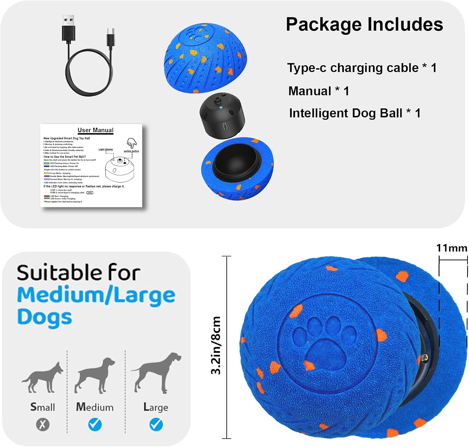 Interactive Dog Toys Smart Dog Ball for Aggressive Chewers Auto Bounce Blue | E-TPU vibrating dog ball, 3 auto modes, motion sensor, Type-C rechargeable, 4h runtime, IP54 waterproof, indoor/outdoor use