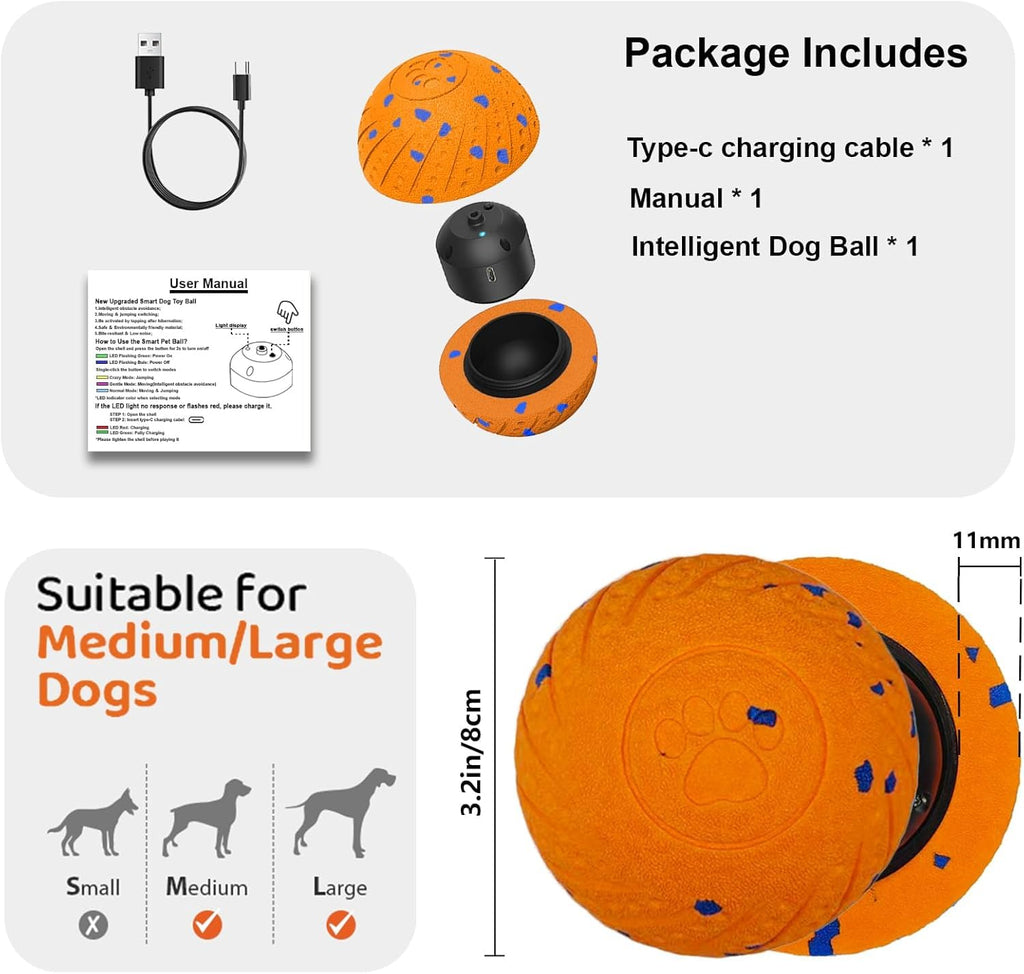 Smart Interactive Dog Ball, Automatic Rolling Bouncing Chew Toy, IP54 Waterproof Rechargeable Dog Toy for Indoor Outdoor Play